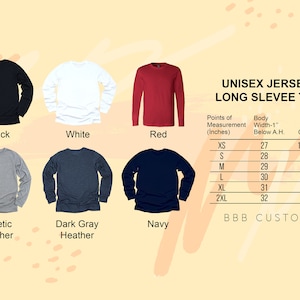 Op de afbeelding: Unisex jersey longsleeve tee in zwart, wit, rood, atletiek heather, donker grijs heather en marine. Maattabel toont de lichaamsbreedte en borstmetingen in inches.