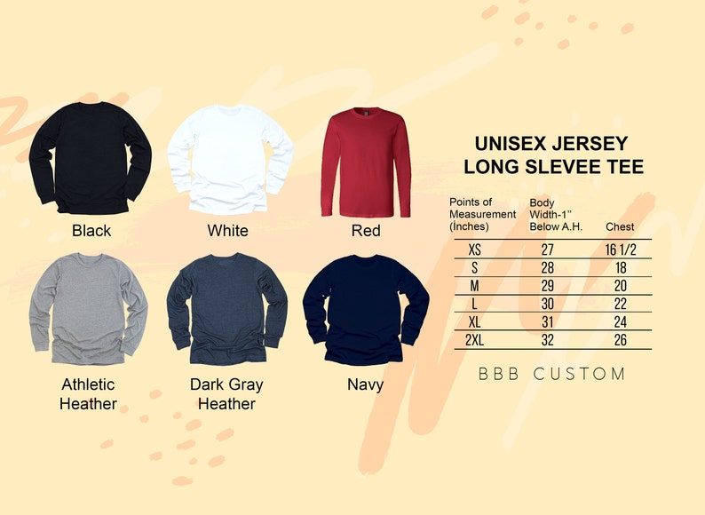 Op de afbeelding: Unisex jersey longsleeve tee in zwart, wit, rood, atletiek heather, donker grijs heather en marine. Maattabel toont de lichaamsbreedte en borstmetingen in inches.