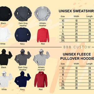 Op de afbeelding: Maattabel voor unisex sweatshirts en fleece pullovers met capuchon. De tabel toont de breedte- en lengtematen in inches voor maten XS tot 3XL. De sweatshirts zijn verkrijgbaar in zwart, donkergrijs heather, atletisch heather, wit, marineblauw en rood. De hoodies zijn verkrijgbaar in dezelfde kleuren.