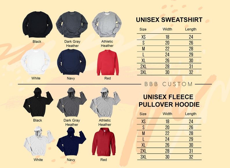 Op de afbeelding: Maattabel voor unisex sweatshirts en fleece pullovers met capuchon. De tabel toont de breedte- en lengtematen in inches voor maten XS tot 3XL. De sweatshirts zijn verkrijgbaar in zwart, donkergrijs heather, atletisch heather, wit, marineblauw en rood. De hoodies zijn verkrijgbaar in dezelfde kleuren.