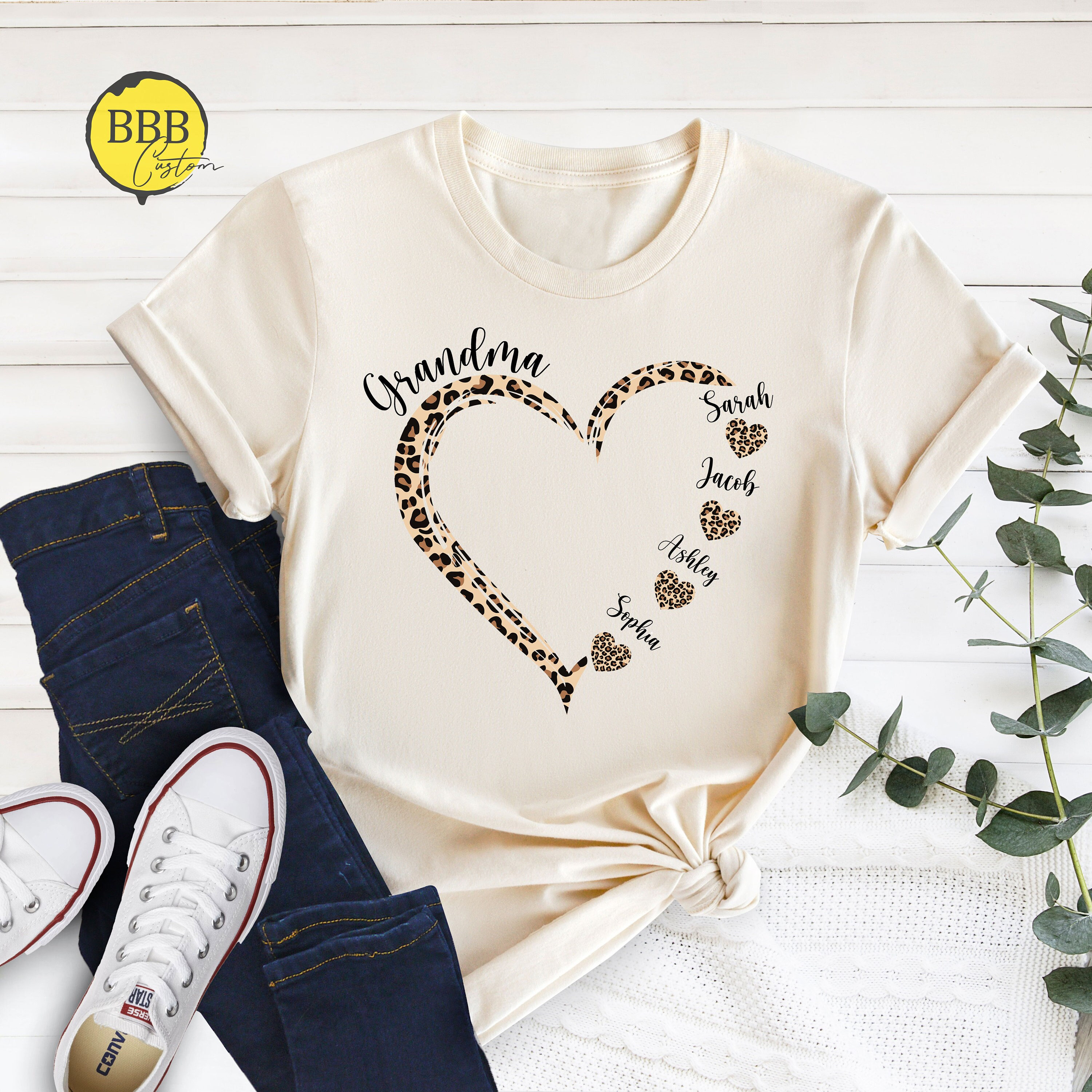 Personalized Leopard Heart Grandma Shirt, Grandkids Names, Mother's Day ...