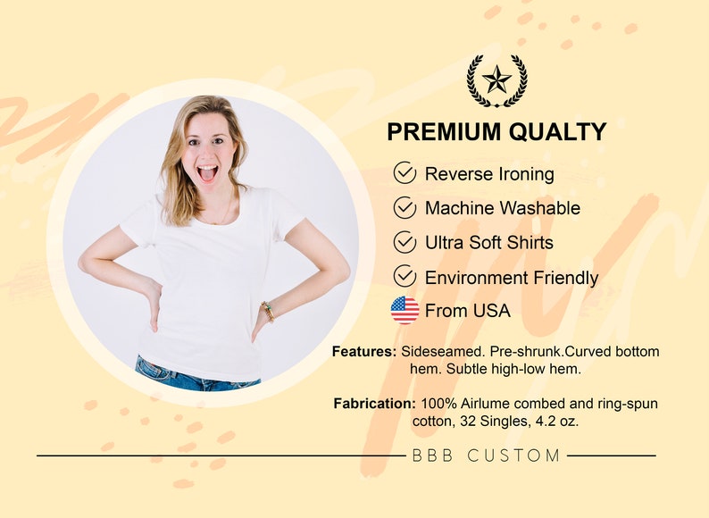 Pu&ograve; includere: Una t-shirt bianca con un orlo inferiore curvo e un orlo alto-basso sottile. La t-shirt &egrave; realizzata in 100% cotone pettinato e ring-spun Airlume, 32 Singles, 4,2 oz. La t-shirt &egrave; realizzata negli Stati Uniti ed &egrave; lavabile in lavatrice, ultra morbida e rispettosa dell'ambiente. Il testo "BBB CUSTOM" &egrave; stampato nella parte inferiore dell'immagine.