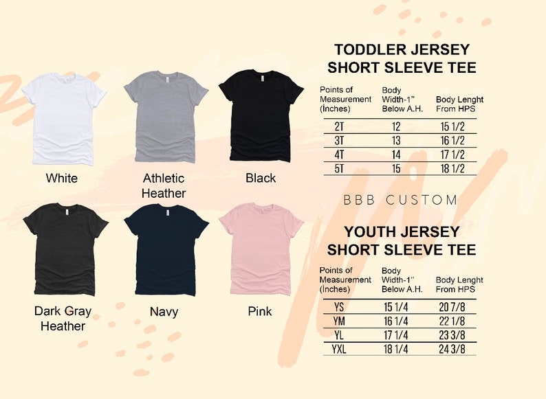 May include: A chart showing the size measurements for toddler and youth short sleeve jersey t-shirts. The chart includes the body width, body length, and size in inches. The chart is displayed against a background of various colored t-shirts.