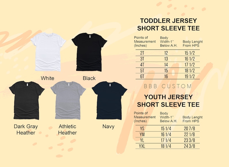 May include: A size chart for toddler and youth jersey short sleeve t-shirts. The chart shows the body width and length measurements in inches for different sizes. The chart is displayed against a background of six t-shirts in different colors: white, black, dark gray heather, athletic heather, navy, and a light gray heather.