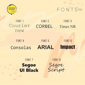 May include: A chart with the text "FONTS<<<<" at the top. The chart lists eight different fonts with their names: Courier new, Corbel, Times NR, Consolas, Arial, Impact, Segoe UI Black, and Segoe Script.