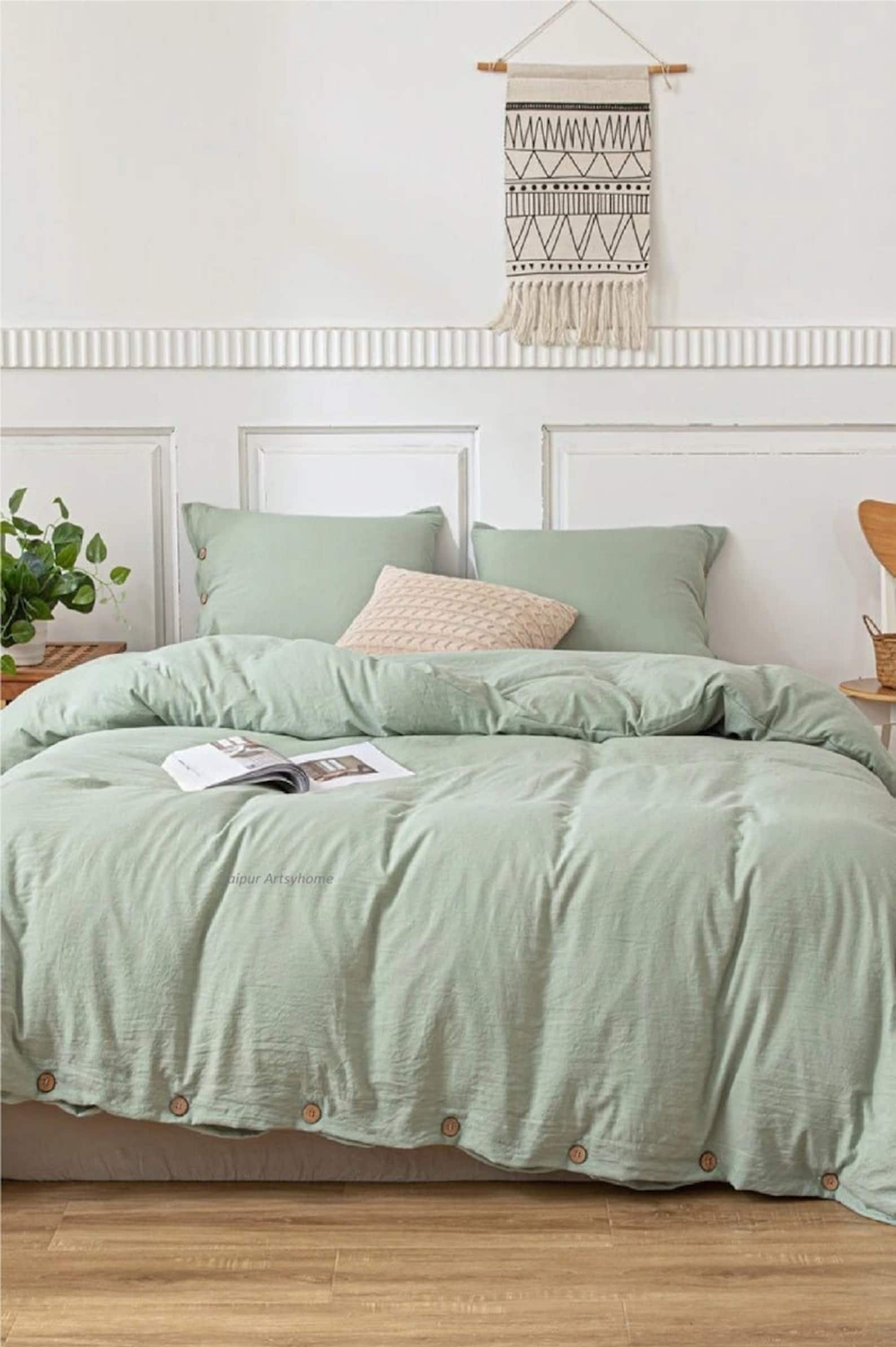 Cotton Duvet Cover in Sage Green Duvet Cover With Buttons Etsy