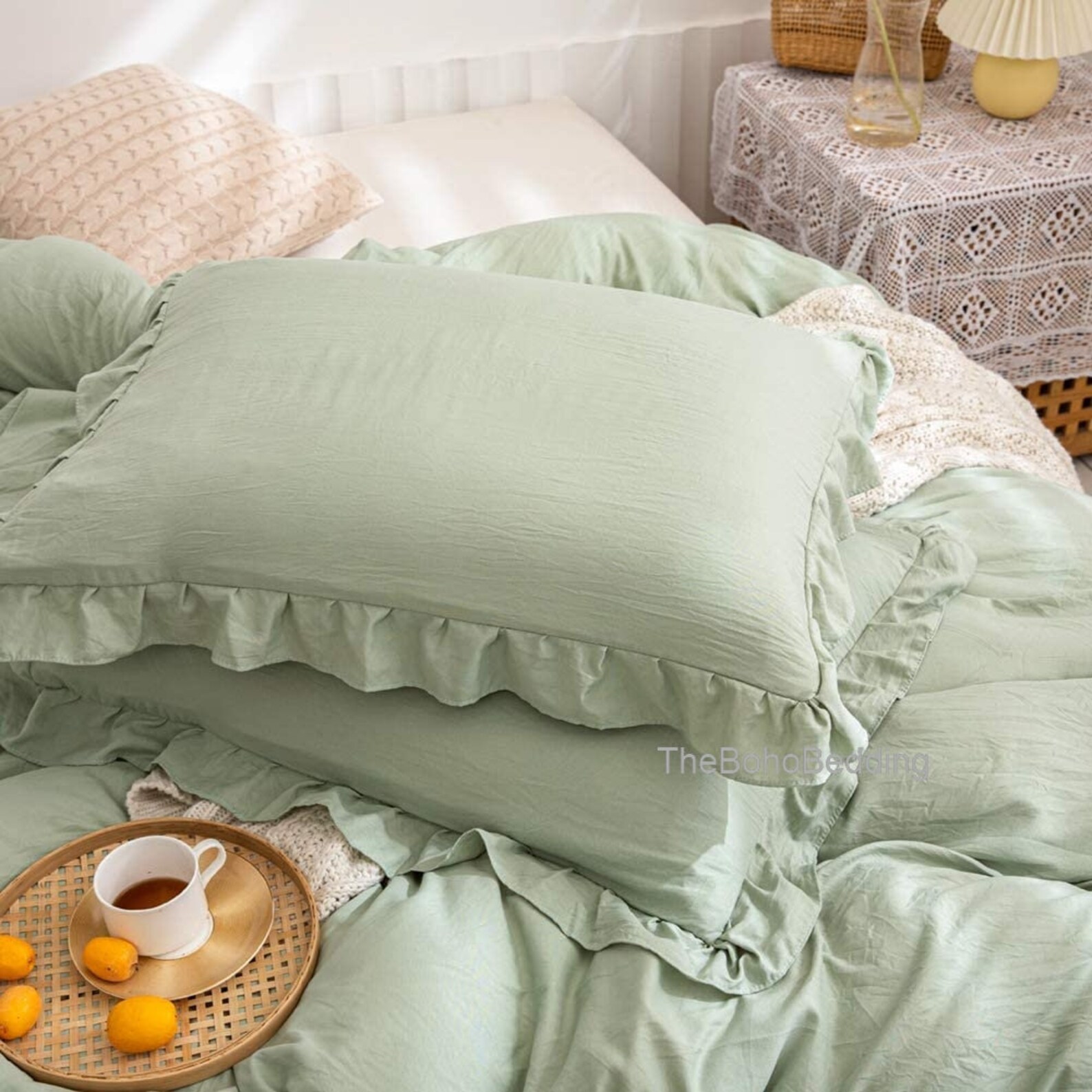 Sage green Color Washed Cotton Duvet Cover With Ruffle Duvet Etsy