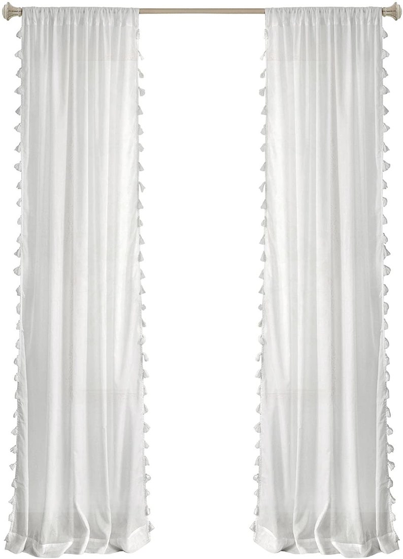 White Tassels Shower curtain extra long Farmhouse shower Etsy