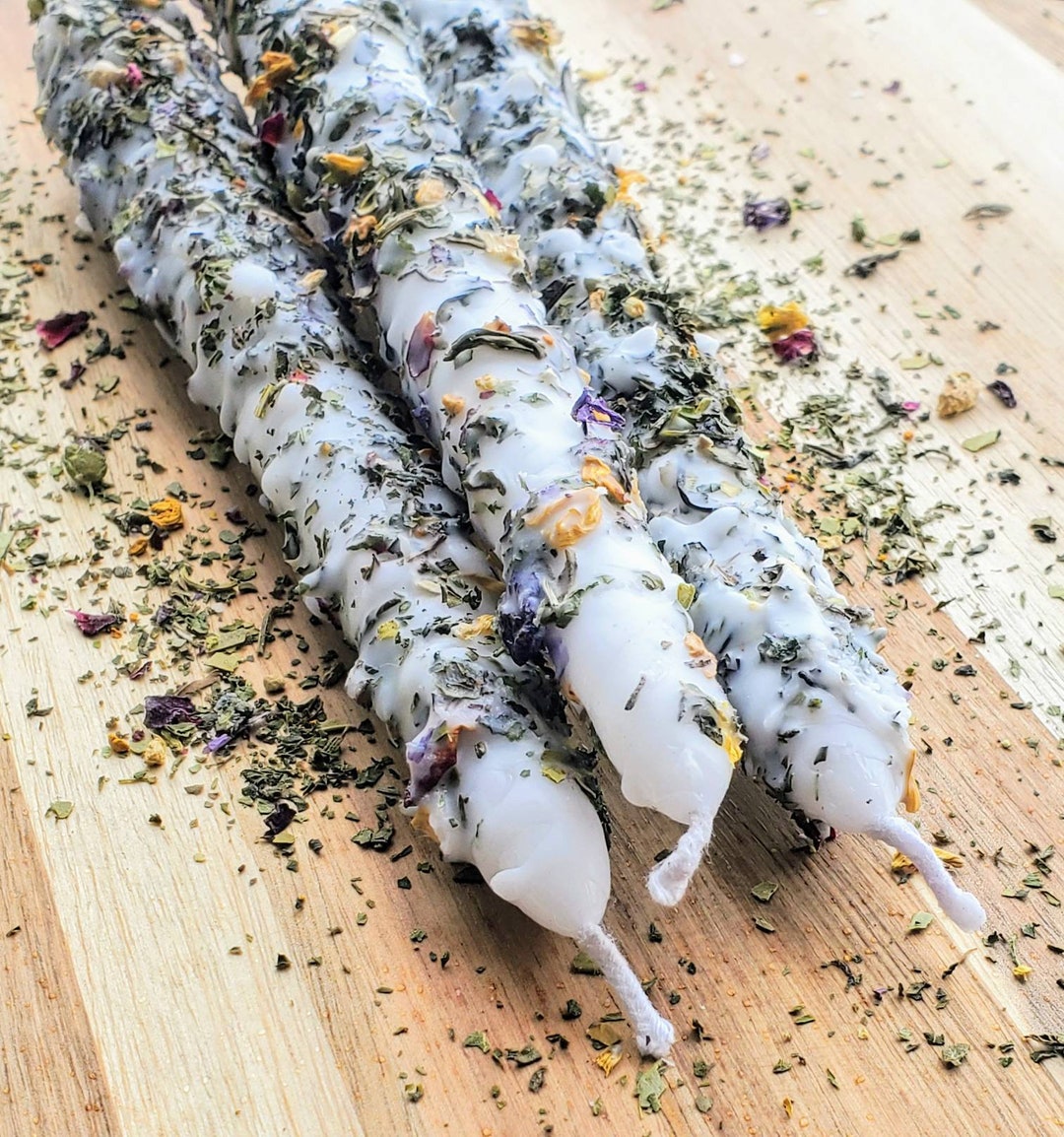 Botanical Taper Candles, Herb Dressed Candles, 10 Inch Taper Candles