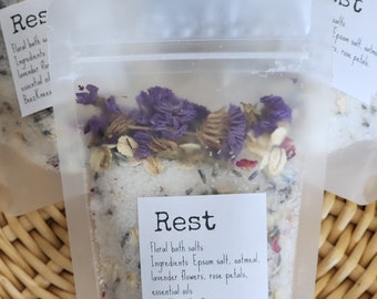 Botanical bath salts, relaxing bath soak, floral bath salt bag, aromatherapy gifts, bath gifts, gifts for her, mothers day gift