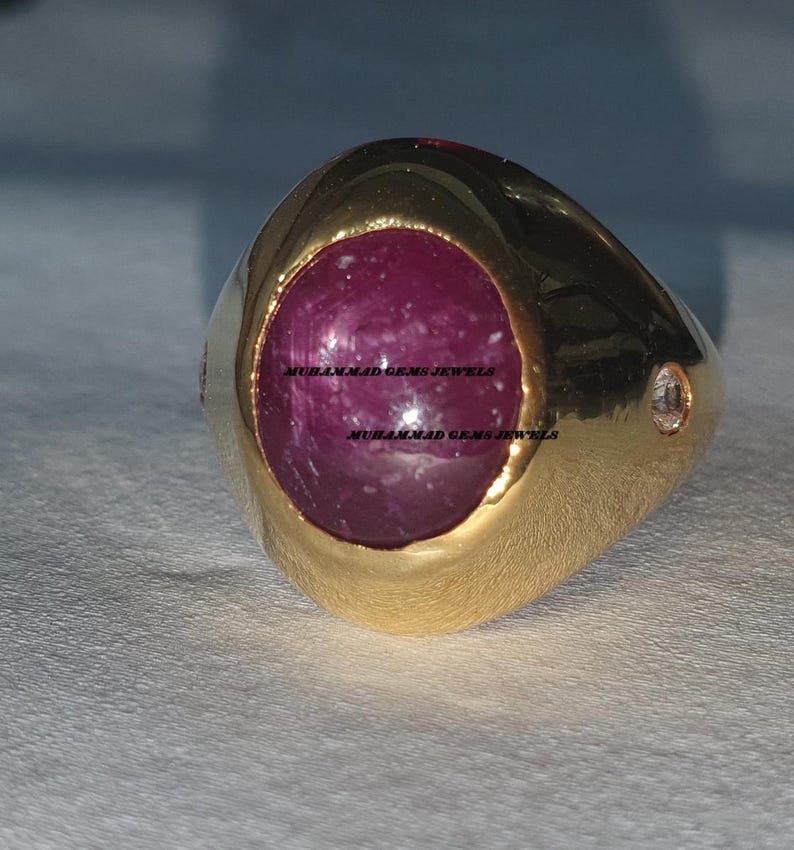 Natural Ruby Star With Diamond Ring, 14k Solid Yellow Gold Ring, Unique Celestial Gemstone Ring, Star Ruby Ring Oval Cabochon Ring