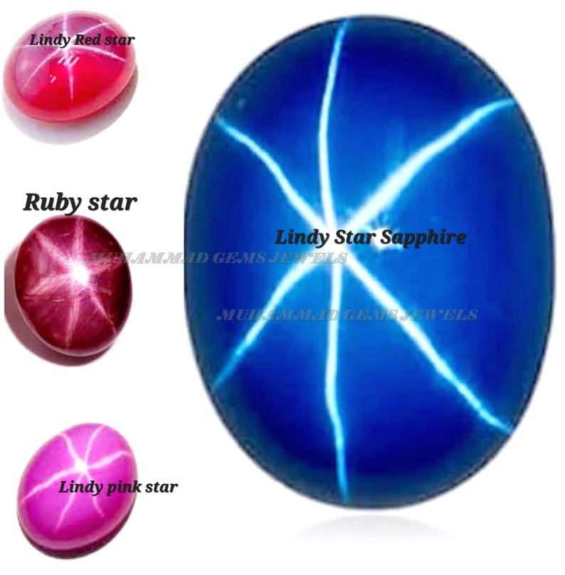 以下が含まれることがあります： 3つの星型の宝石の画像。赤いルビー、ピンクの星、大きな青いスターサファイア。宝石は楕円形で磨かれており、星のような模様があります。画像には「Lindy Red star」、「Ruby star」、「Lindy Star Sapphire」、「Lindy pink star」と書かれています。
