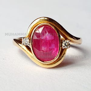 925 Sterling Silber Oval Rubin mit Diamant Ring für Unisex, handgemachte Schmuck, Birthstone Ring, zwei Diamanten besetzt, echter Rubin Ring