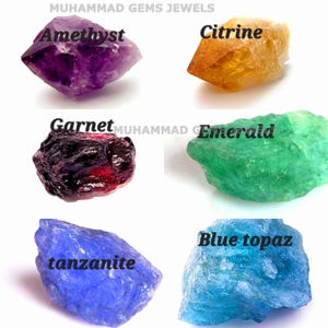 May include: An assortment of raw gemstones, including amethyst, citrine, garnet, emerald, tanzanite, and blue topaz. Each stone is labeled with its name in a bold font. The gemstones vary in color, from deep purple to vibrant green and blue.