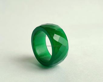 Full Faceted Natural Green Onyx Ring, Solitaire Gemstone Band, Handmade Green Onyx Jewelry, Unique Engagement or Statement Gift