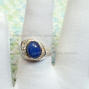 Linde Star Blue Sapphire Cabochon Ring For Men, 14K White Gold Ring, Blue Star Sapphire Signet Ring, Personalized Gift For Him