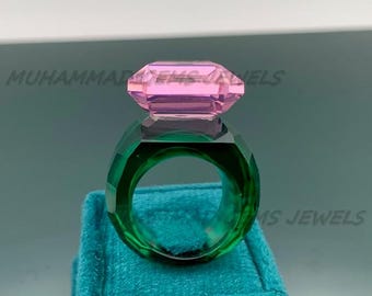 Pink Rose Quartz & Emerald Ring | Full Faceted Hand-Carved Gemstone Band | Promise or Engagement Ring