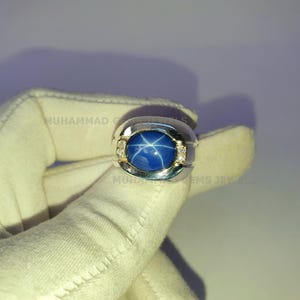Blue Star Sapphire Signet Ring, Blue Oval Gemstone Ring, 14K Solid White Gold Ring, Lindy Star Sapphire With Diamond Gold Ring, Men&#39;s Ring