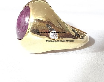 Natural Ruby Star With Diamond Ring, 14k Solid Yellow Gold Ring, Unique Celestial Gemstone Ring, Star Ruby Ring Oval Cabochon Ring