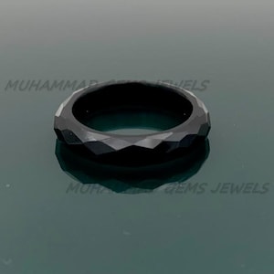 Natural Black Obsidian Faceted Band Ring | Natural Gemstone Ring for Men & Women | Fancy Cut Obsidian Jewelry, Unisex Gift