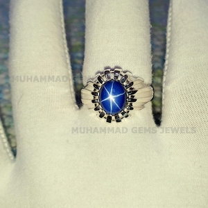 10X8 Blue Star Sapphire Halo Ring, Men&#39;s Star Sapphire Ring, Blue Halo Ring, 14K White Gold Ring, Handmade Ring, Signet Ring, Gift For Him