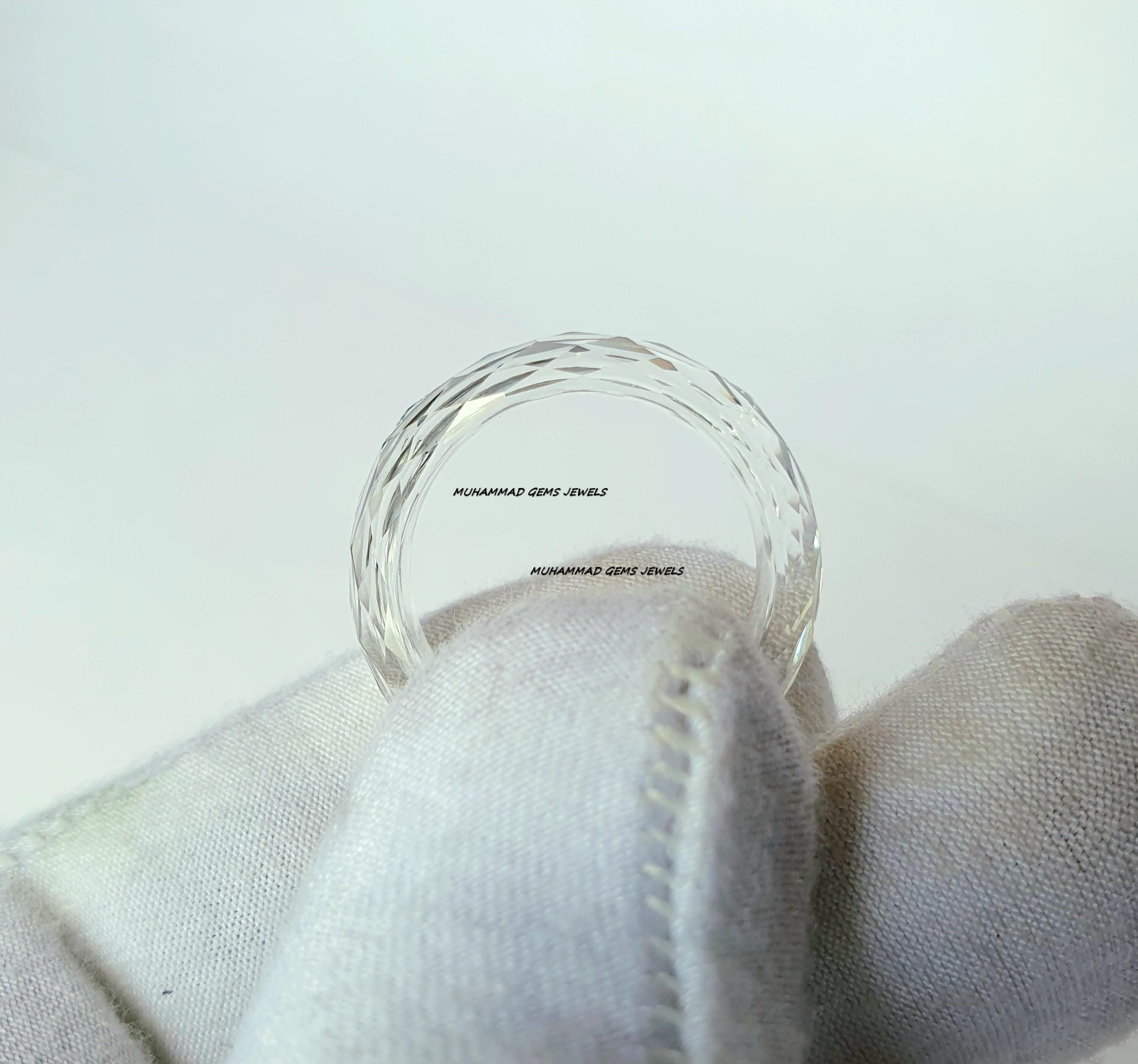 Faceted White Rock Crystal Quartz Ring | Hand-Carved Round Gemstone Ring | Solid Band Engagement Ring | Women's Gift Jewelry