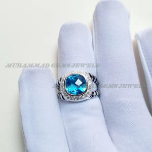 14K White Gold London Blue Topaz Ring For Women Ring, Cushion Cut Blue Topaz Ring, Wedding Engagement Ring, Promise Ring, Gift For Her