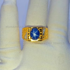 Landy Blue Star Sapphire With Diamond Gold Ring, Men&#39;s Star Sapphire Ring, Diamond 14K Yellow Gold Ring, Engagement Ring, Men Sapphire Ring