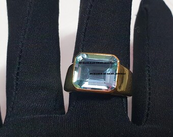 Anello Da Uomo In Argento 925 Con Acquamarina Creata 0,45 Ctw, Placcato Oro Bianco 14K, Personalizzabile