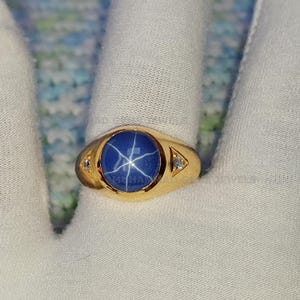 Lindy Blue Star Sapphire Ring, 10k Solid Gold Ring, Vintage Star Sapphire Engagement Ring, Wedding Band Birthday Anniversary Gift For Men&#39;s