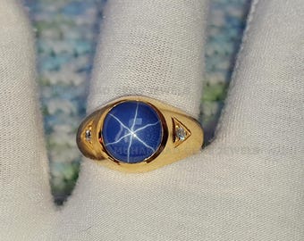 Lindy Blue スターサファイアリング、10Kソリッドゴールドリング、ヴィンテージスターサファイアエンゲージリング、男性向け結婚指輪、誕生日記念日ギフト