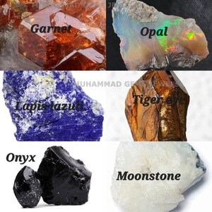 May include: A collection of raw gemstones including garnet, opal, lapis lazuli, tiger eye, onyx, and moonstone. Each stone is labeled with its name in a bold, black font. The gemstones display a variety of colors and textures.
