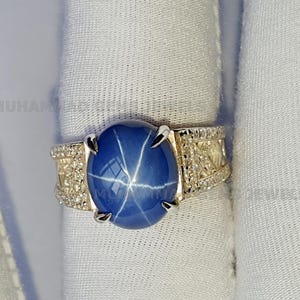 Landy Blue Star Sapphire Ring, 10K Solid White Gold Ring, Genuine Blue Star Sapphire Ring, 6 Rays Star Sapphire Ring, Diamond Ring