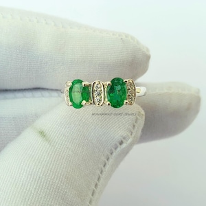 Natural Emerald and Diamond Ring – May Birthstone in 14K White Gold | Dainty Gift for Her | Minimalist Anniversary or Birthday Jewelry