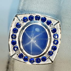 Blue Star Sapphire Men&#39;s Ring, Oval Sapphire Gemstone Ring, Engagement Ring, 18K Solid White Gold Ring, Men&#39;s Ring, Anniversary Gift For Men
