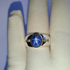 14K White Gold Men&#39;s Ring Blue Star Sapphire Diamond | 6-Ray Gemstone Ring | Promise Ring | Gift for Him or Dad