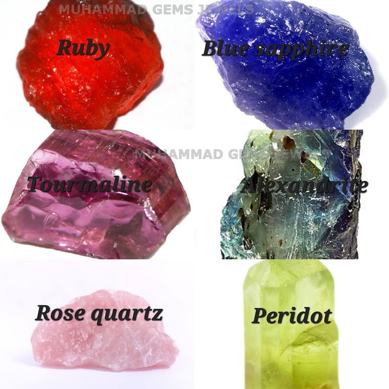 May include: Image showcasing various raw gemstones, including a vibrant red ruby, a deep blue sapphire, a pink tourmaline, a multi-colored alexandrite, a pale pink rose quartz, and a translucent green peridot. Each stone is labeled with its name.