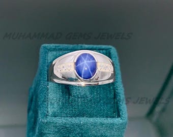メンズ ブルースターサファイアリング – リンディスタージェムストーン、925スターリングシルバー製 | 父の日や彼へのプレゼントにパーソナライズ