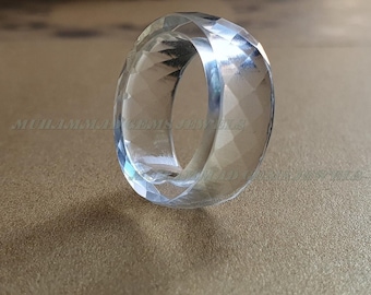 White Rock Crystal Quartz Faceted Round Ring | Hand-Carved Single Gemstone | Solid Band Engagement Ring Gift for Women