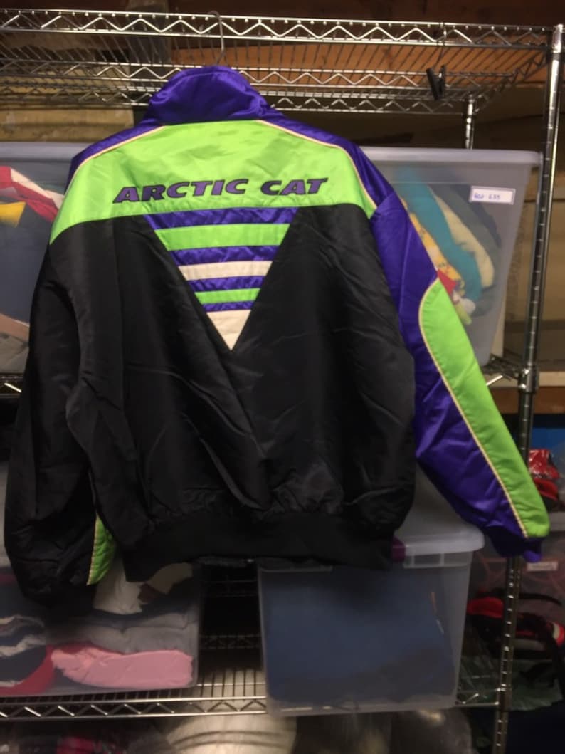 90s Clothing 1990s Vintage Arctic Cat Snowmobile Racing Neon Letterman Bomber Coat Jacket