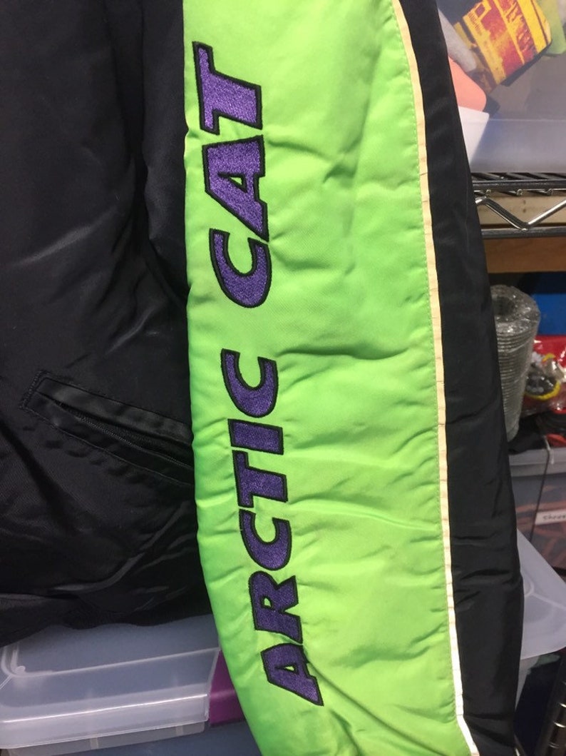 90s Clothing 1990s Vintage Arctic Cat Snowmobile Racing Neon Letterman Bomber Coat Jacket
