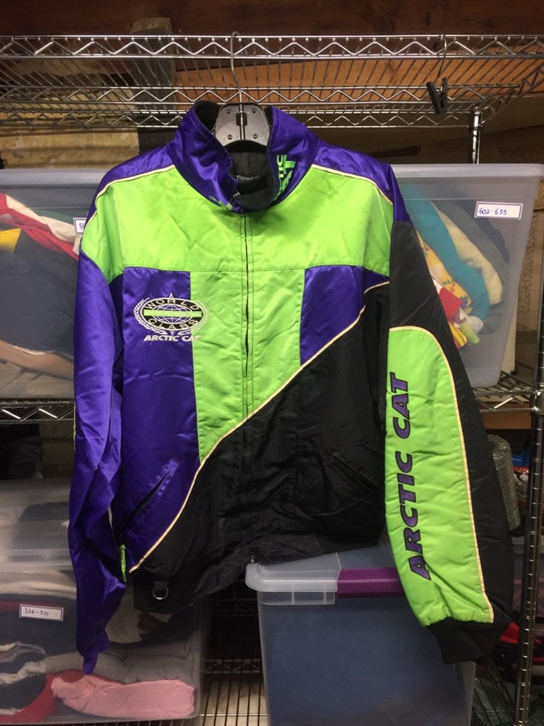 90s Clothing 1990s Vintage Arctic Cat Snowmobile Racing Neon Letterman Bomber Coat Jacket