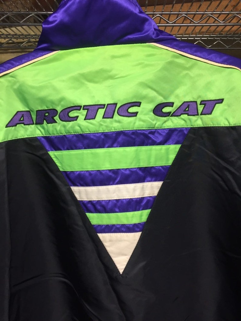 90s Clothing 1990s Vintage Arctic Cat Snowmobile Racing Neon Letterman Bomber Coat Jacket