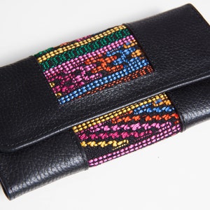 Leather wallet with Ceremonial Huipil weaving from Guatemala. BC07