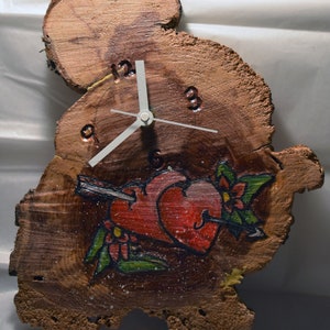 Two heart & arrow tattoo clock - wood carved, burned and painted.  OOAK wall clock, decorative wall art, handcrafted, red cedar wood