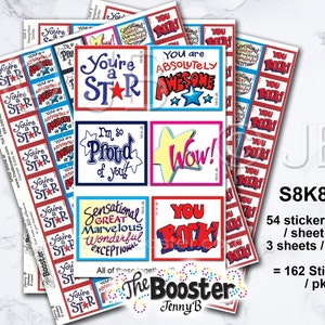 May include: Sheets of colorful stickers with phrases like "You're a Star," "Absolutely Awesome," and "You Rock!" The stickers are in red, blue, and white. The product is labeled S8K8, with 162 stickers per package.