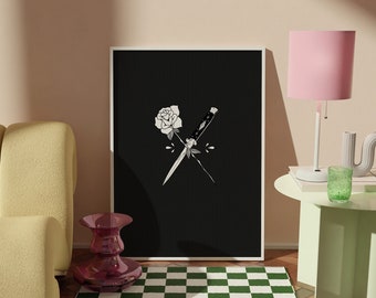 Switchblade and Rose - Digital Illustration - Instant Download - Black and White - Flash Tattoo Art - Wall Art