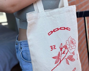 Chains & Roses Tote bag • 10oz Canvas - Silkscreened - Large - Tattoo Flash Art - Red and White