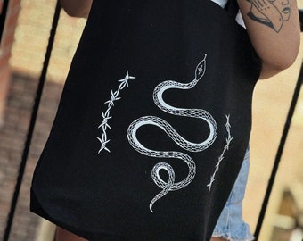 Snake and Barbed Wire bag • 10oz Canvas - Silkscreened - Tattoo Flash Art - Black and White