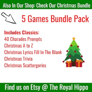 Może przedstawiać: Ilustracja świąteczna w kolorze czerwonym i zielonym z choinką i prezentami. Tekst głosi "5 Games Bundle Pack" i "Includes Classics: 40 Charades Prompts, Christmas A to Z, Christmas Lyrics Fill In The Blank, Christmas Trivia, Christmas Scattergories". Tekst zawiera r&oacute;wnież "Find us on Etsy @ The Royal Hippo".